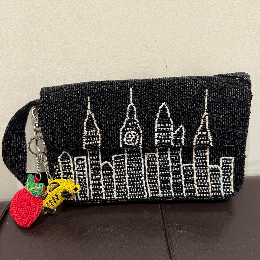 Black Beaded New York Skyline Handbag with charms